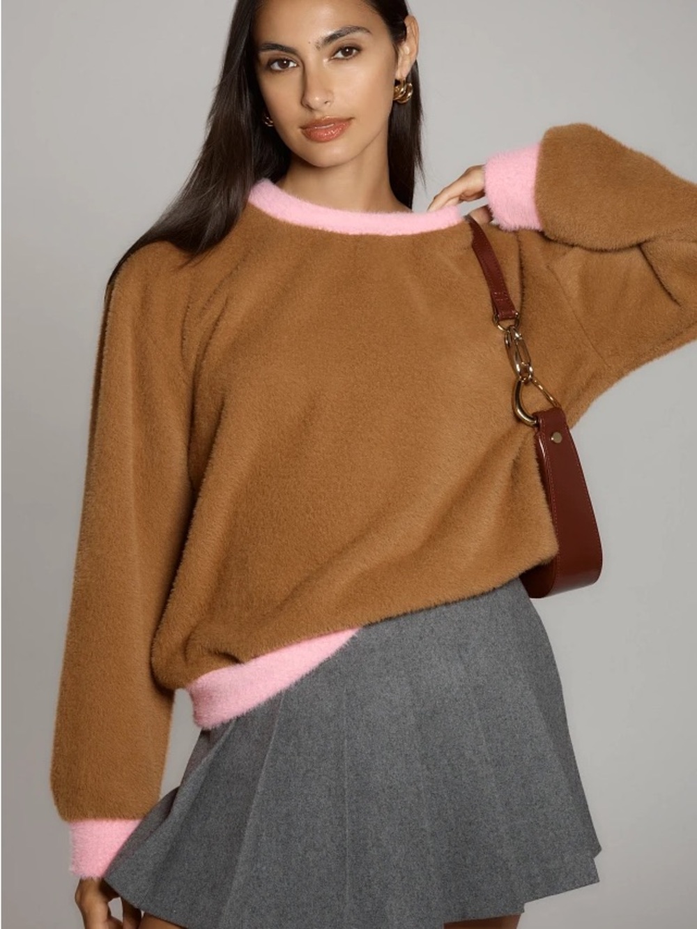 Maeve Anthropologie cozy ringer sweater brown pink xxs